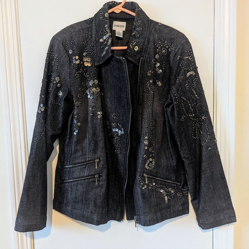 Chico's Vintage 90s Dark Jean Jacket with Embellishments
